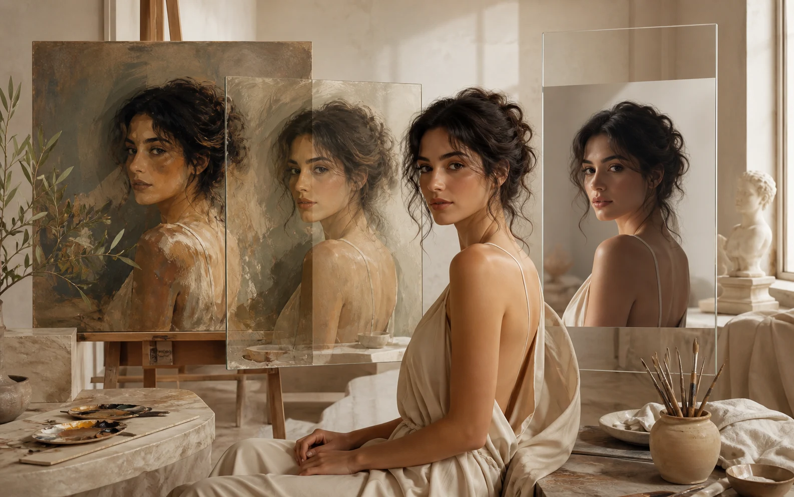 Monalisa 1 creative workflow showing a portrait evolving from painting to editorial photography